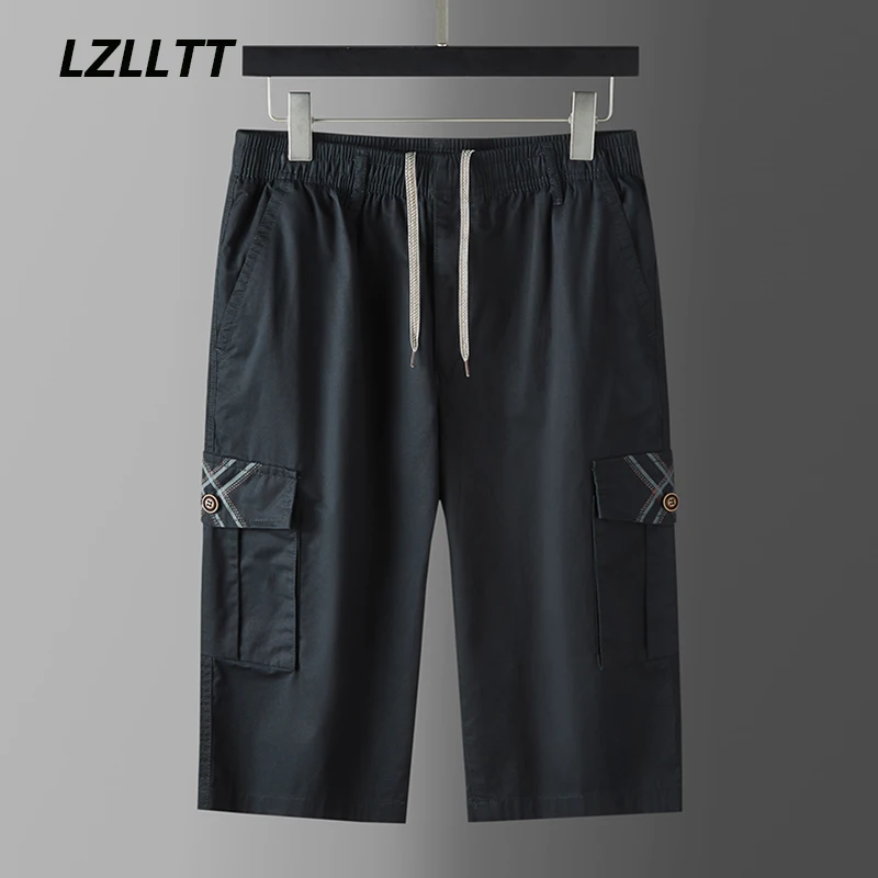 

Summer Mens 100% Cotton Cargo Shorts Men Casual Multi Pockets Tactical Shorts Elastic Waist Quick Dry Bermuda Joggers Short Male