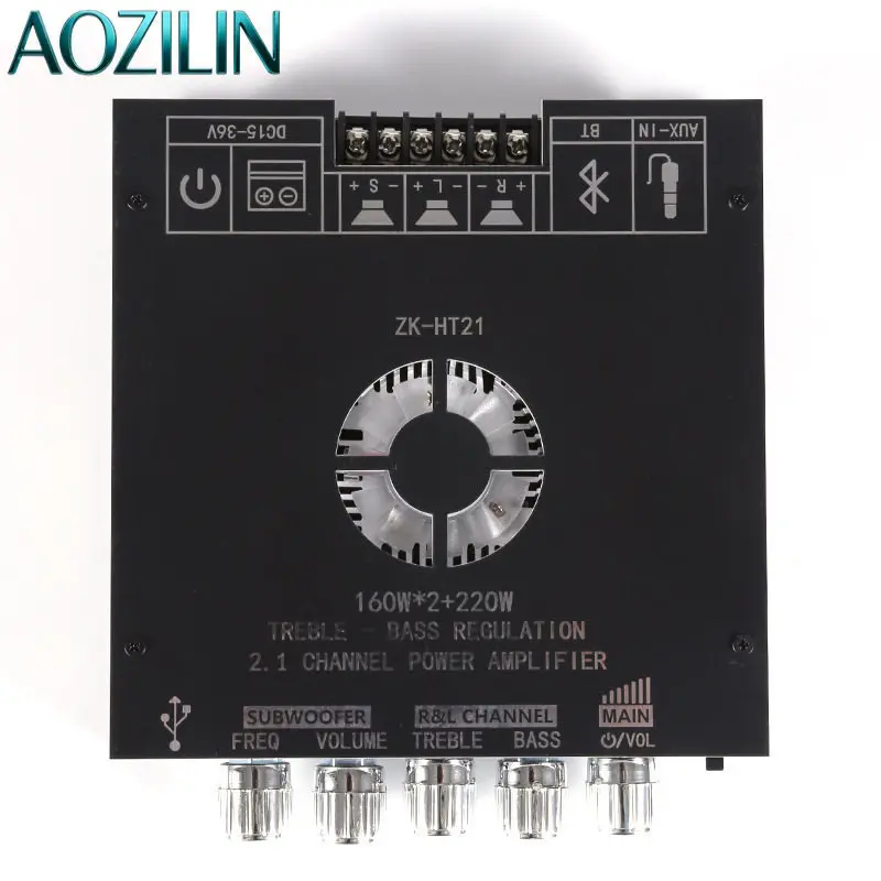 Фото AOZILIN ZK-HT21 Bluetooth цифровая усилительная плата 2.1CH TDA7498E, модуль усилителя для сабвуфера №1