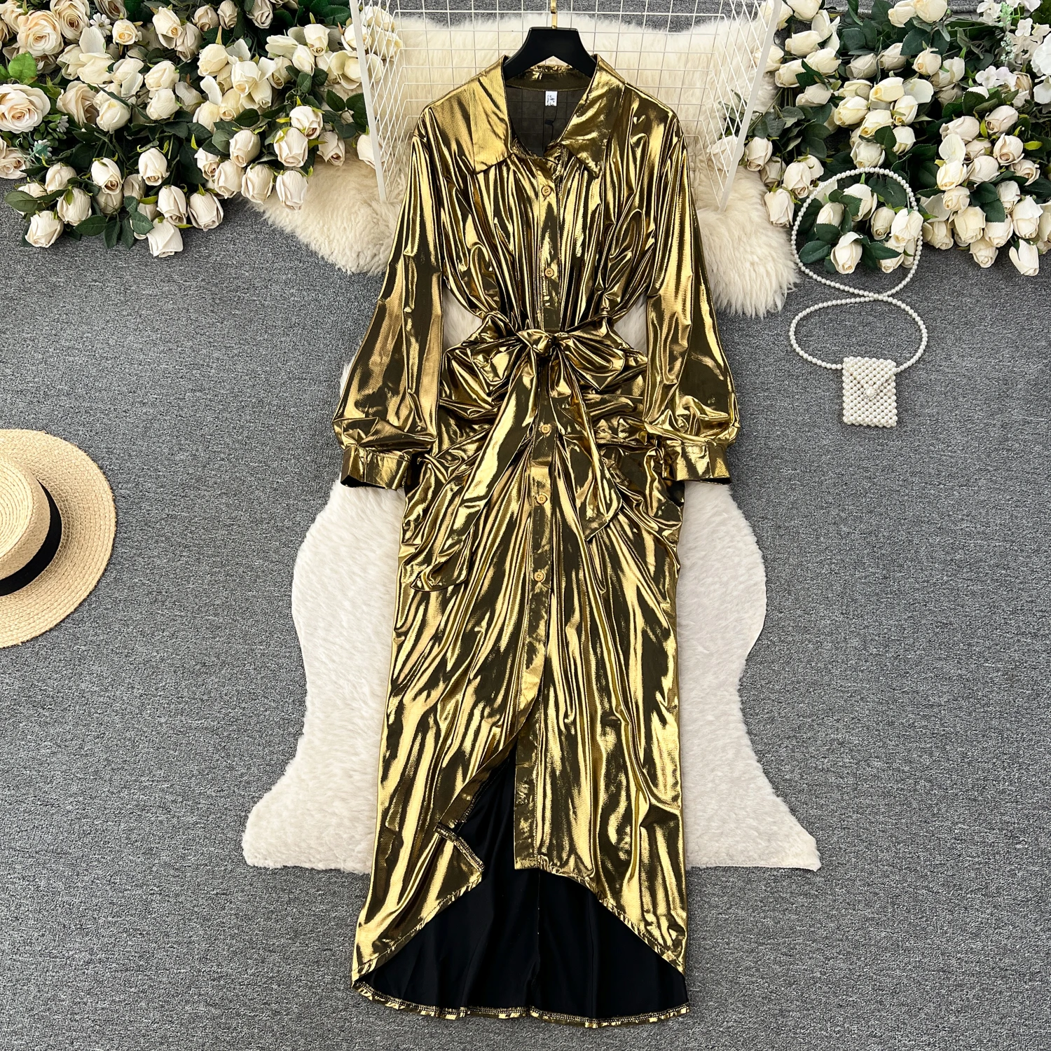 

Clothland Women Vintage Metal Color Shirt Dress Turn Down Collar Long Sleeve Asymmetrical Sexy Midi Dresses QC986