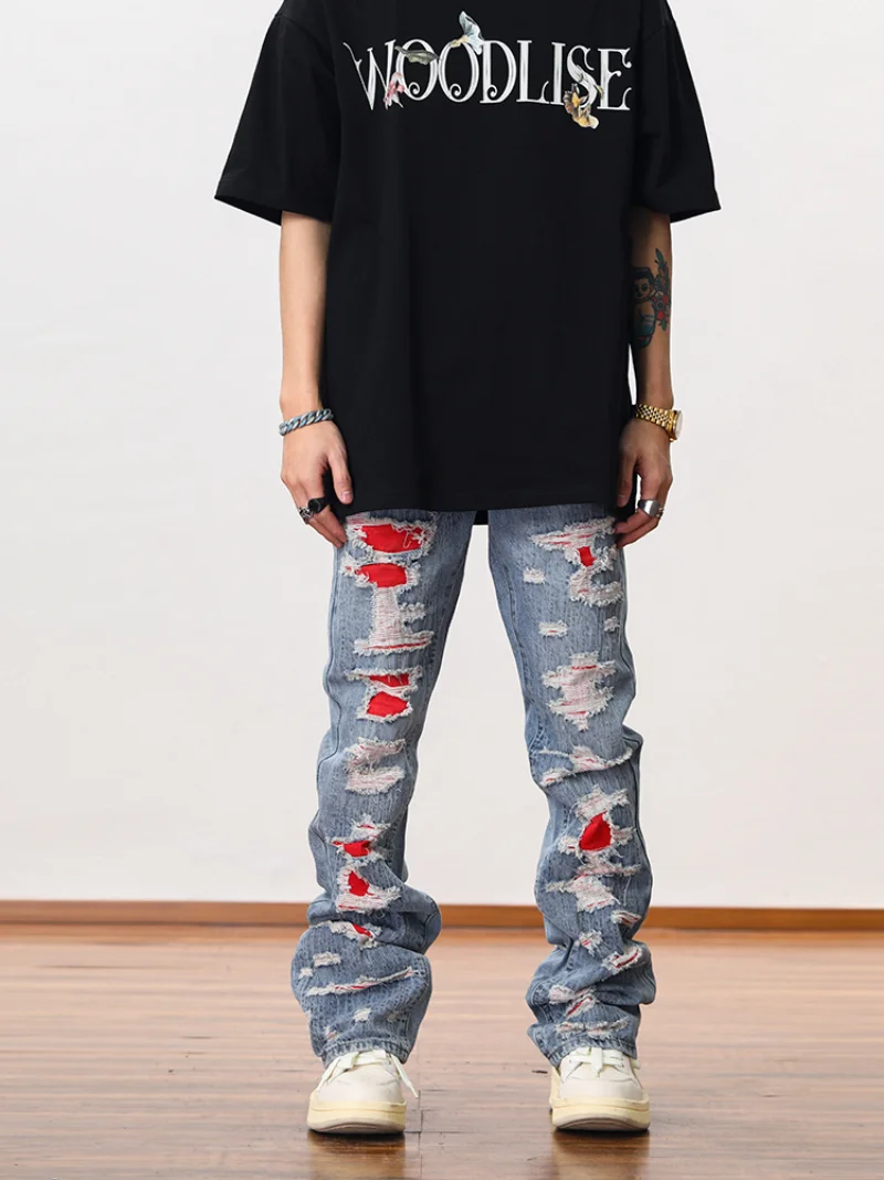 Men Distressed Ripped Destroied Denim Jean Pants New Fashion Patchwork Biker Jeans Streetwear Flare Pants Jogger Y2k Men’s Jeans