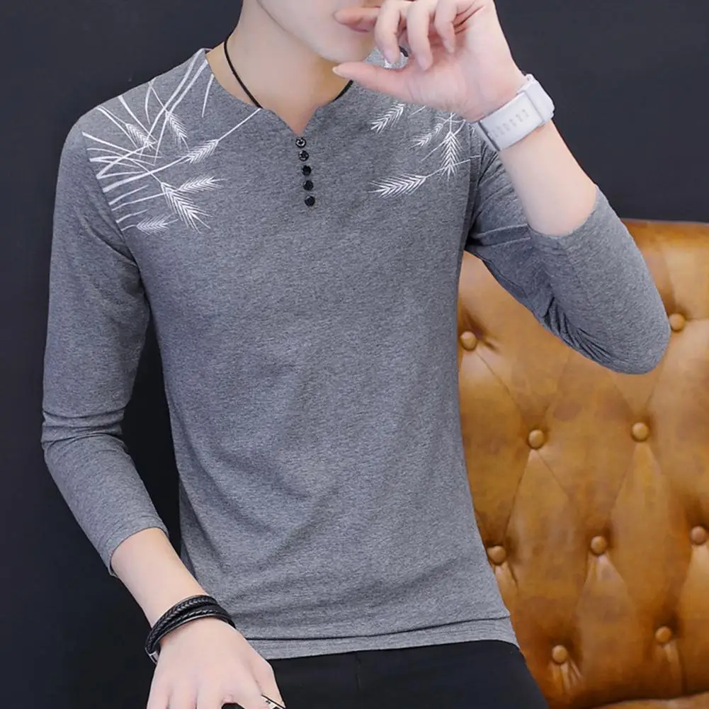 

Popular Men Base Top V-Neck Super Soft Men T-shirt Plant Pattern Washable Bottoming Shirt