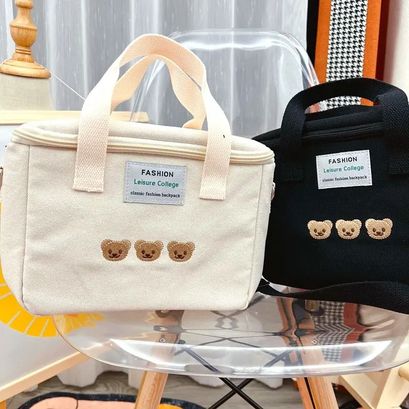 

Canvas Mommy Bag Bear Embroidered Baby Food Lunch Storage Bag Insulated Waterproof Baby Mother Bag Baby Outing Bags