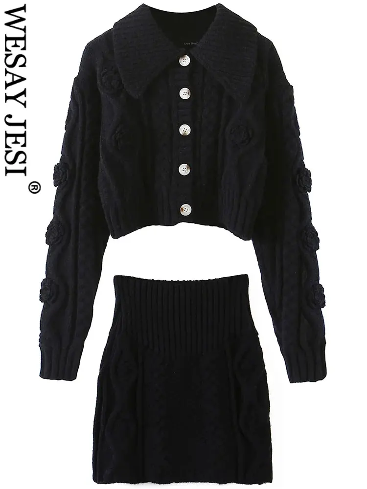 

WESAY JESI Женская вязаная юбка из двух частей кардиган с лацканами свитер на пуговицах + приподнятая текстура приталенный силуэт 2022 модная юбка...