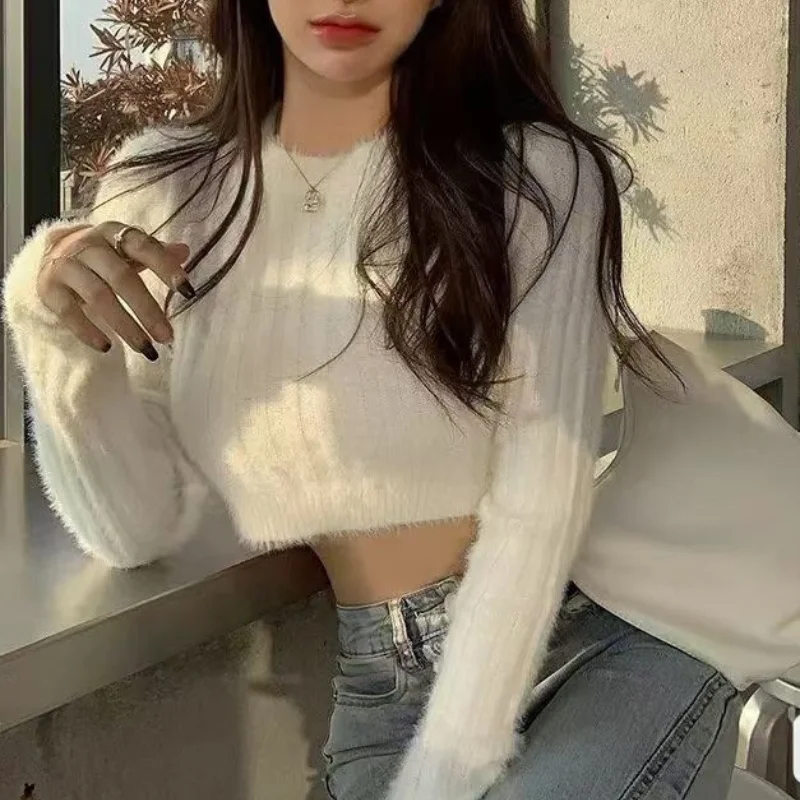 

Woman Knitted Sweaters Solid Color Sweet Women Long Sleeve Pullover Round Neck Jumper Outwear Crop Tops Autumn New