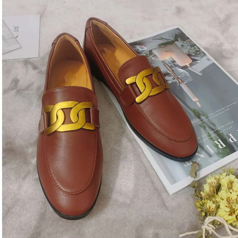 Women's Single Shoes 2023 Spring and Autumn New Round Head Metal Buckle Casual Versatile Outdoor Step on Flat Bottom Lefu Shoes