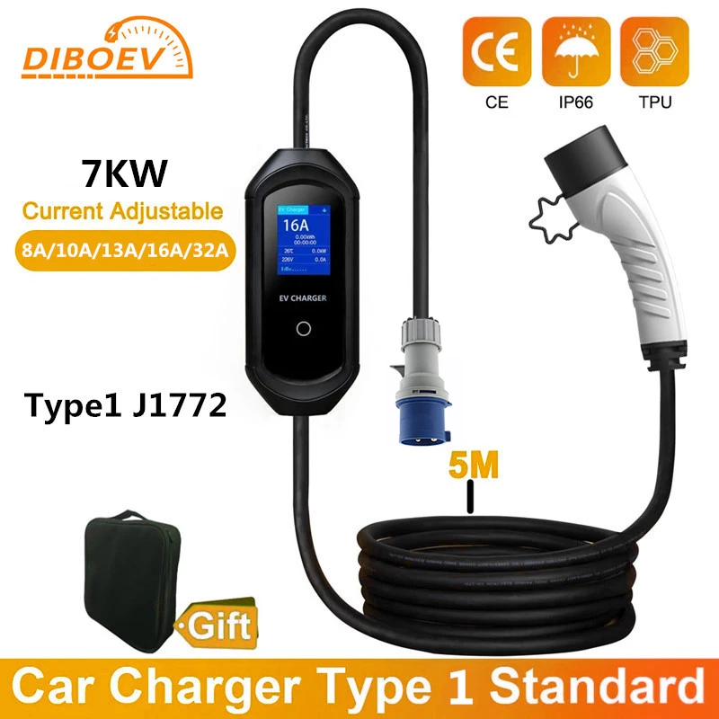 

EV Portable Charger Type 1 J1772 7KW / 3.5KW 32A EVSE Charging Cable Controller Wallbox J1772 Type1 for Electric Car