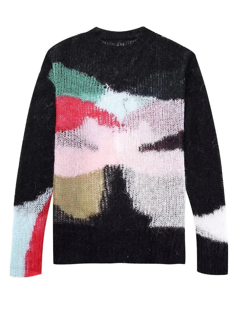 

Женский ажурный пуловер, элегантный вязаный Свободный пуловер с принтом в стиле пэчворк, повседневные длинные свитера с круглым вырезом и длинным рукавом для осени