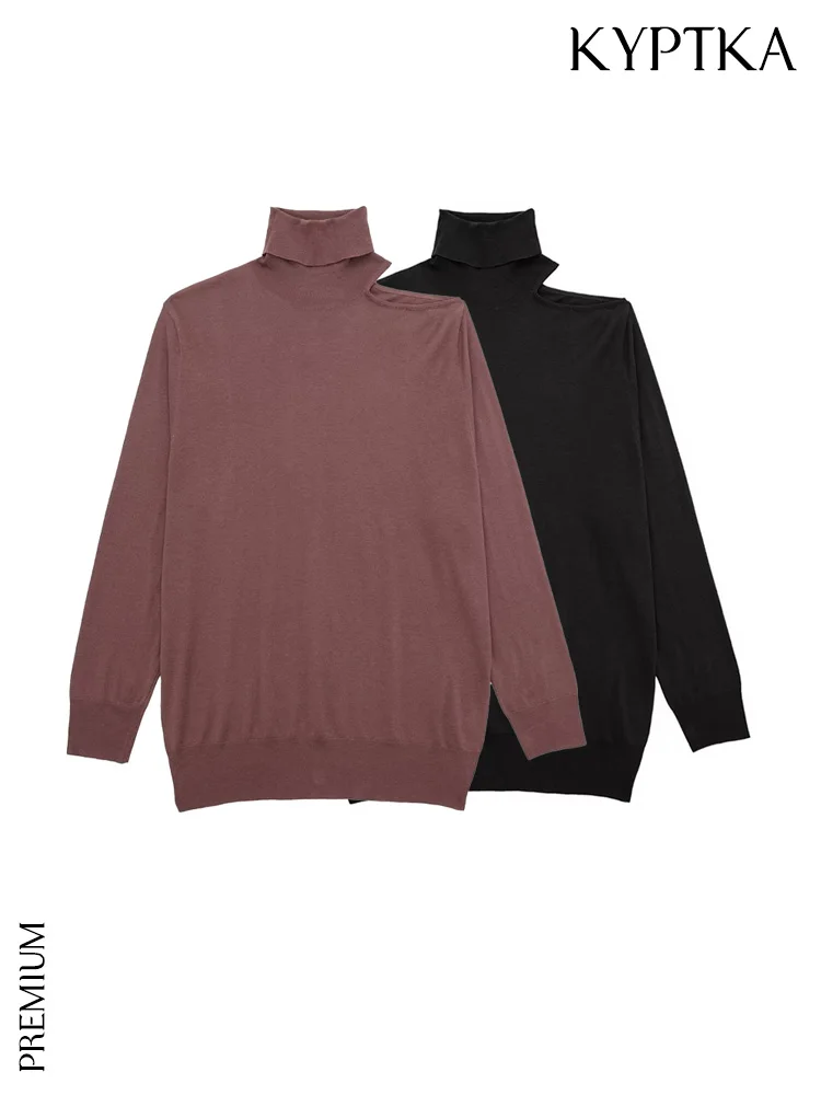 

KYPTKA Women Fashion Cut Out Knit High Neck Sweater Vintage Long Sleeve With Slit Shoulder Female Pullovers Chic Tops