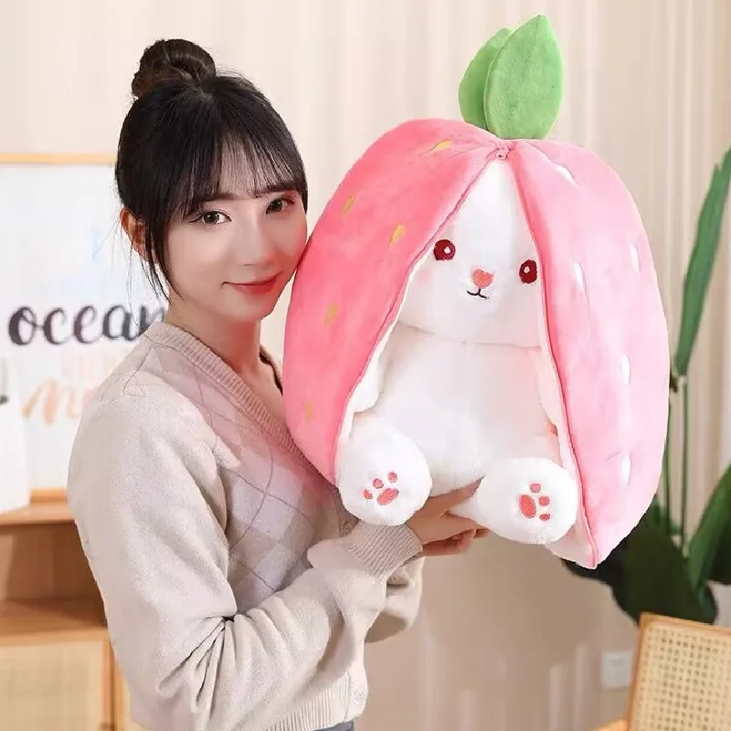 

35cm Kawaii Fruit Transfigured Carrot Rabbit Plush Toy Cute Stuffed Soft Bunny Hiding In Strawberry Bag Toys Kids Birthday Gift