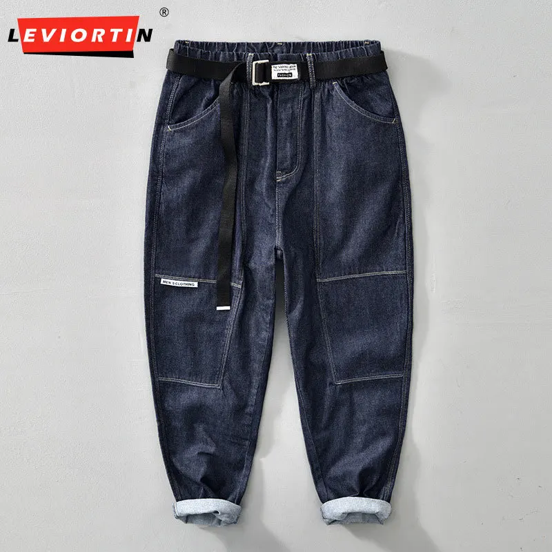 

Japanese Styles Open Line Brushed Loose Straight Men's Jogging Jeans Pants High Street Outdoor Cargo Harem Denim Trousers Man