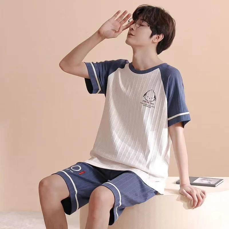 Men's Pajamas Set Cotton Summer Two-Piece Sleepwear Short Sleeve Shorts Casual Loose Nightwear Lounge Home Clothing