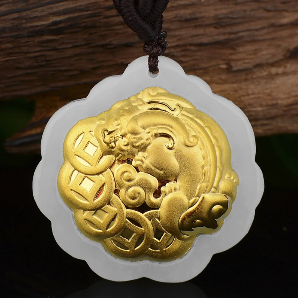 Красивый натуральный нефрит Hetian с 24-каратным желтым золотом, подвеска Pixiu в виде монеты, 29x28 мм