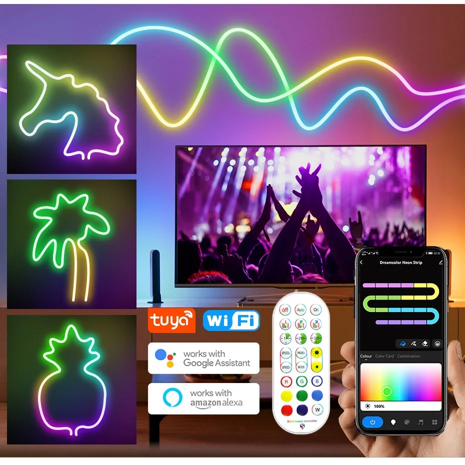 Фото Светодиодная неоновая лента 12В с RGB-подсветкой Dreamcolor, управление по Wi-Fi/Bluetooth/пульту, водонепроницаемая, для розеток EU/US/UK/AU №1
