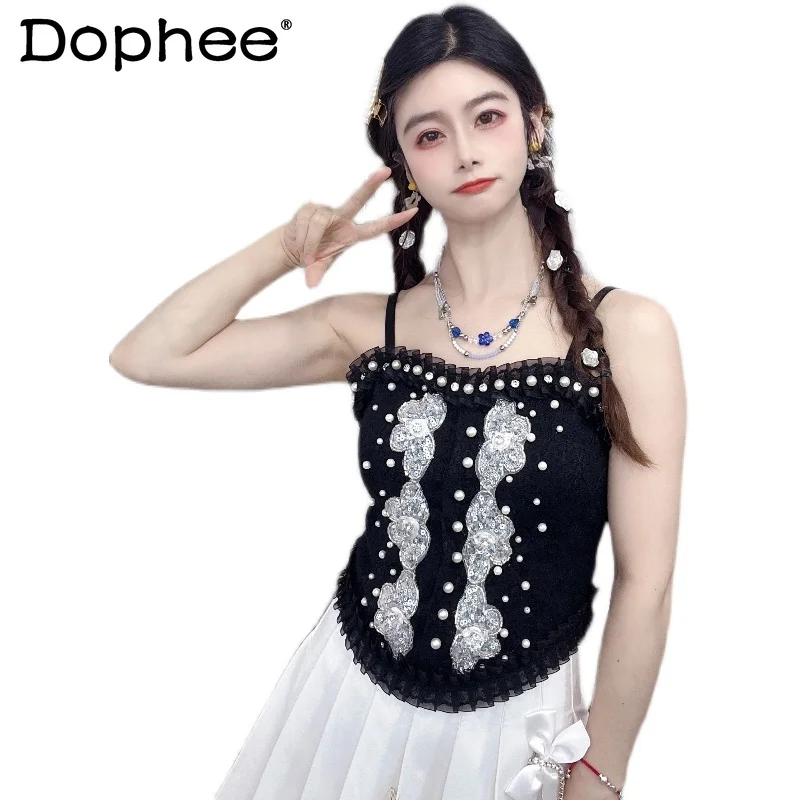 

Fairy Sweet Heavy Beads Lace Tube Tops Strap Inner Outer Wear Vest Women's 2022 Summer New Sexy Backless Vest Camisole Crop Top