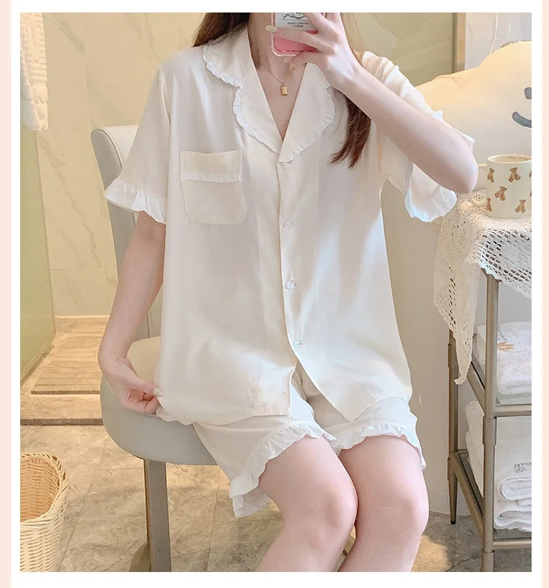 Summer Thin Loose Sleepwear Attractive Women's Nightwear Clothing Short Sleeve Turn-down Collar Pajamas Set Big Size Loungewear
