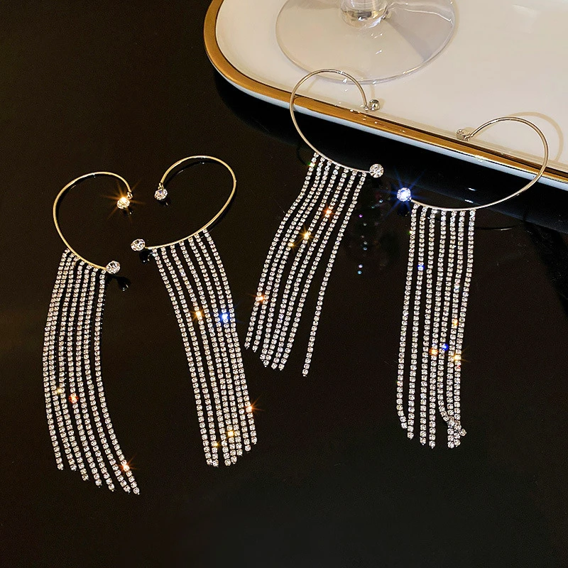 

1/2Pcs Crystal Long Tassel Hanging Earrings Clip On Ear Shiny Zircon Luxury Fake Earring No Piercing Eaf Cuffs Jewelry for Women