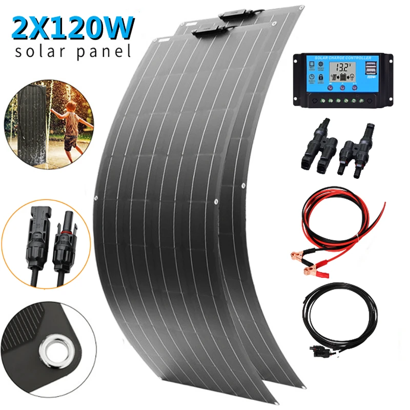 

2X120W Solar Panel Flexible Monocrystalline Panels Solar Kit 360W 240W System High-efficiency 12V 24V Battery Charger