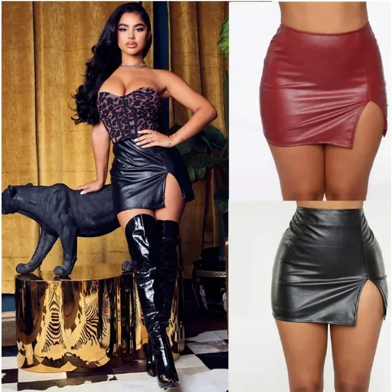 

Сексуальная женская черная мини-юбка из искусственной кожи с высокой талией, короткая юбка с разрезом, юбка выше колена, рубашка из искусственной кожи для ночного клуба, женская рубашка XXL