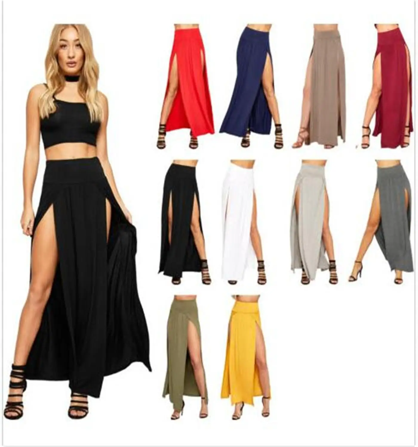 

2021 New Arrival Women's Sexy High Waist Double Slits Summer Solid Long Maxi Skirt Wholesale 51 Valentine's Day Gifts