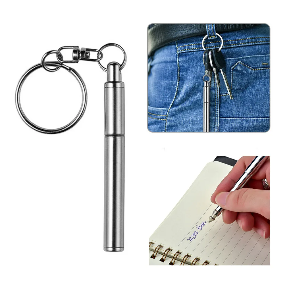 

1PCS Ball Point Pen Keychain Multifunctional Mini Metal Key Ring Stainless Steel Telescopic Pen Keyring Telescoping Pen Tool