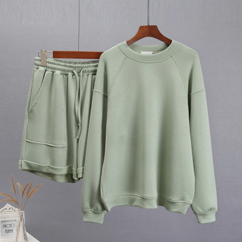 

Women Tracksuit Solid Color Round Neck Long Sleeve Hoodies + Drawstring Pocket Shorts 2 Peice Set Fashion Casual Female Outfits