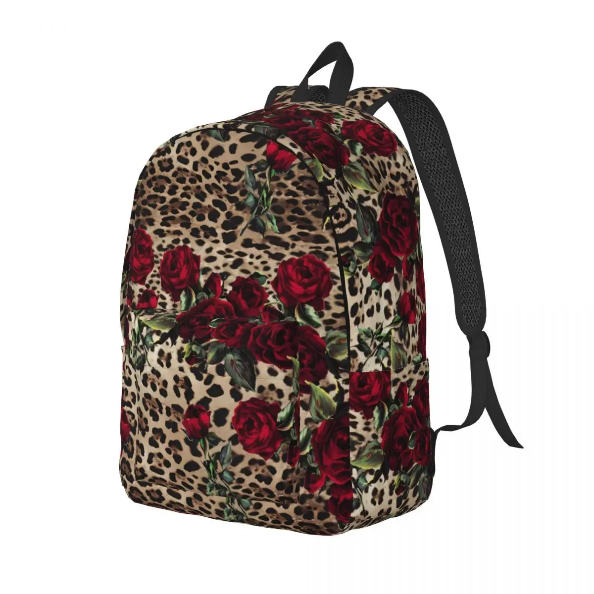 

Floral Leopard Print Backpack Red Roses Casual Backpacks Women Men Travel Lightweight High School Bags High Quality Rucksack