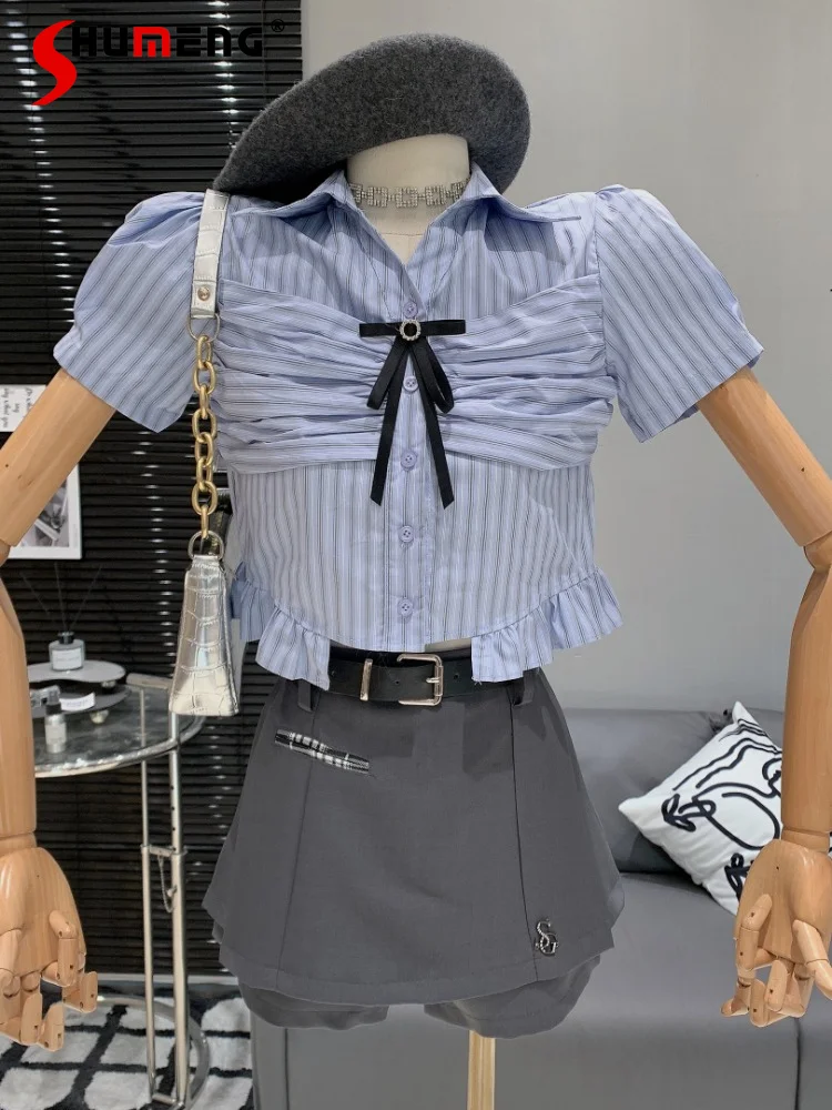 

Женский элегантный топ в полоску с бантом и коротким рукавом