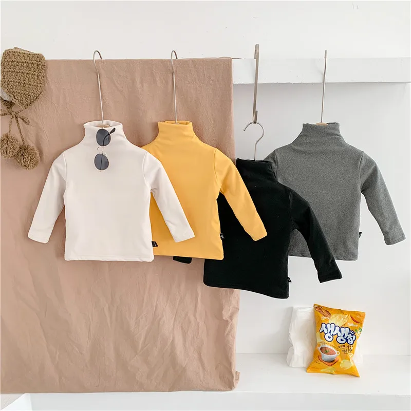 

Зимние Детские футболки для мальчиков и девочек, топы, водолазка, однотонные, с длинным рукавом, теплые флисовые топы, рубашки, футболки для ...