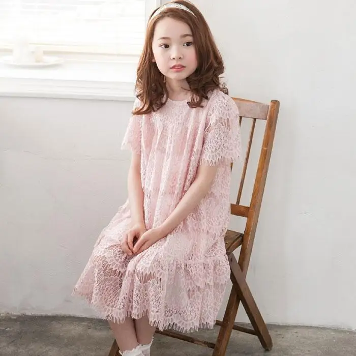 

Kids Girls Casual 2022 New Summer Korean Lace O-neck Long Dresses Children Clothing Costumes Party Birthday Princess Dresses P06