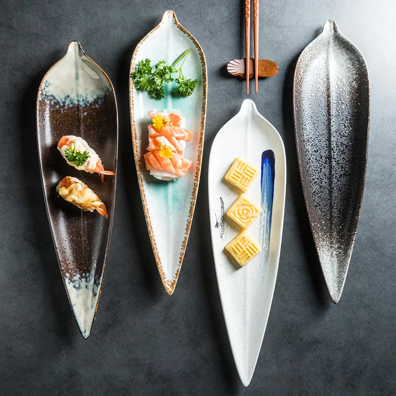 

RHE-plato de cerámica con forma de hoja de arce, bandeja de ensalada de Sushi, fiesta, juego de platos de carne de porcelana