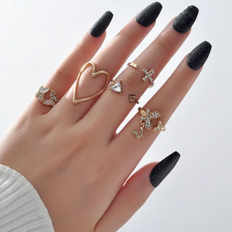 

5 Pcs / Set Cross Triangle Love Hollow Full Diamond Oil Butterfly Ring Knuckle Ring