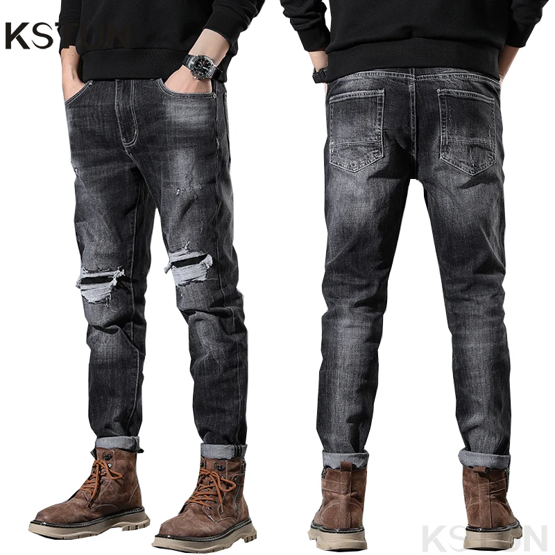 Джинсы мужские Стрейчевые в стиле хип-хоп с потертостями