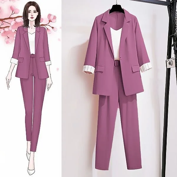 

Women Fashion 3-Piece Set Office Wear Double Breasted Blazer Coat Vintage Female High Waist Wide Leg Pants Chic Suit