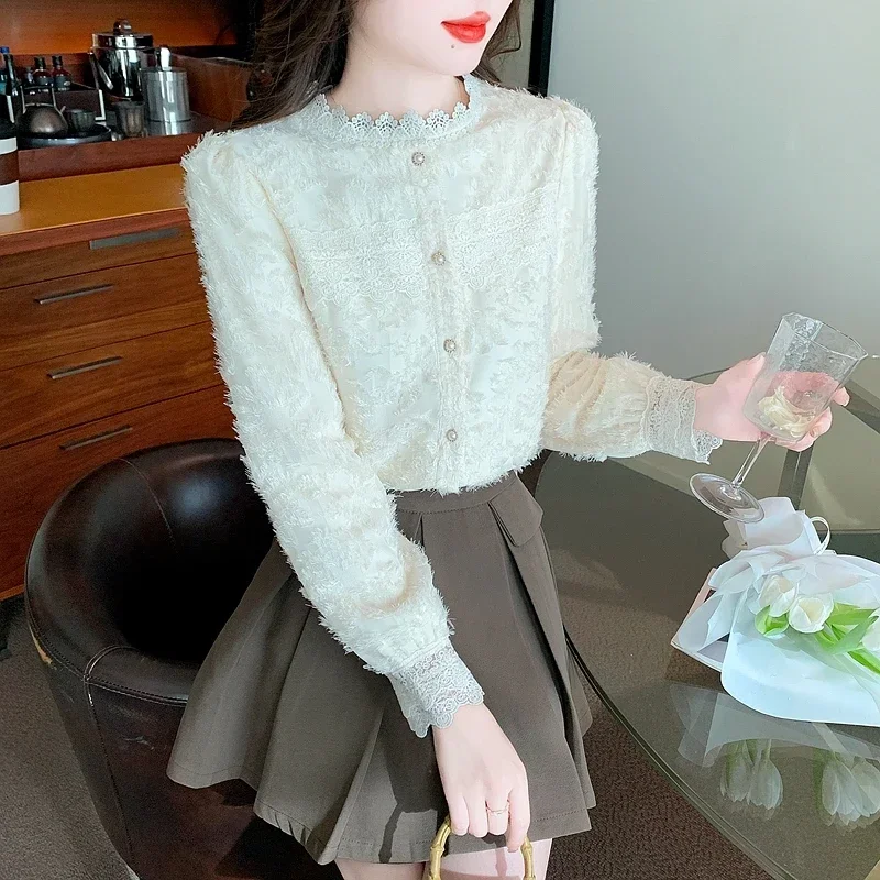 Модная женская рубашка с воротником-стойкой бархатная утепленная кружевная