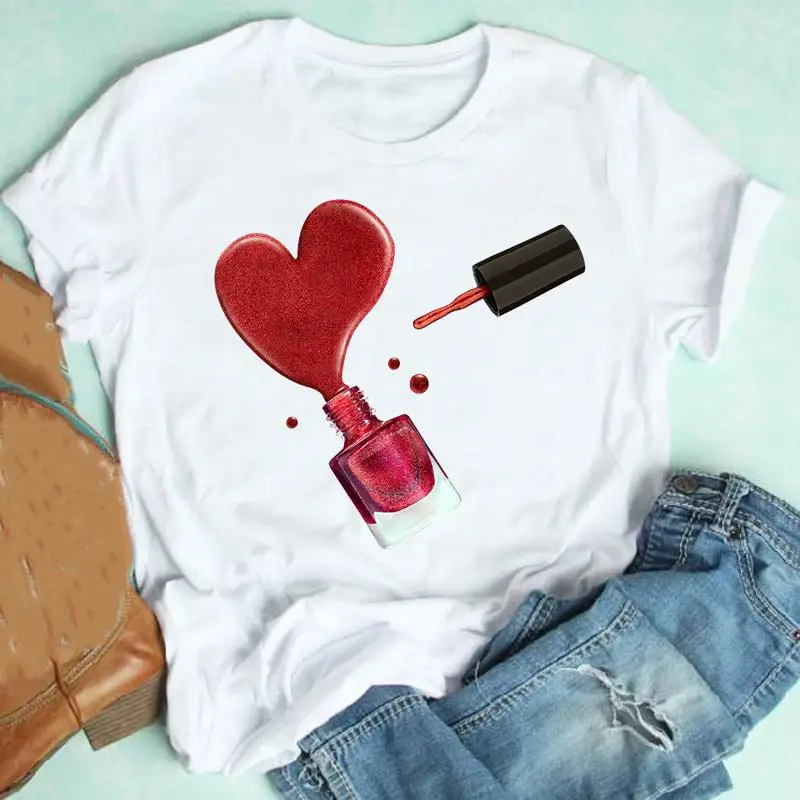 

New Women T Shirt Love Nail Art Print T Shirt Female Cute Graphic Tee Shirts Ladies Short Sleeve Tops Women Summer Fashion Tees