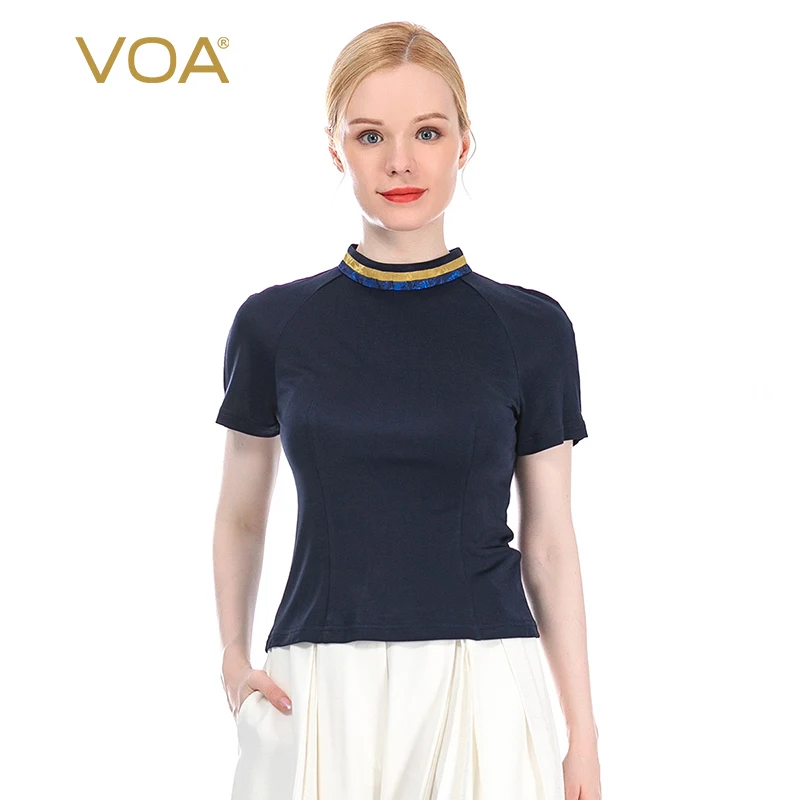

(Clearance Sale) VOA Silk 33 Momme Knitted High Collar Yarn-dyed Jacquard Beaded Button Shoulder Short Sleeve Women T-shirt BE3