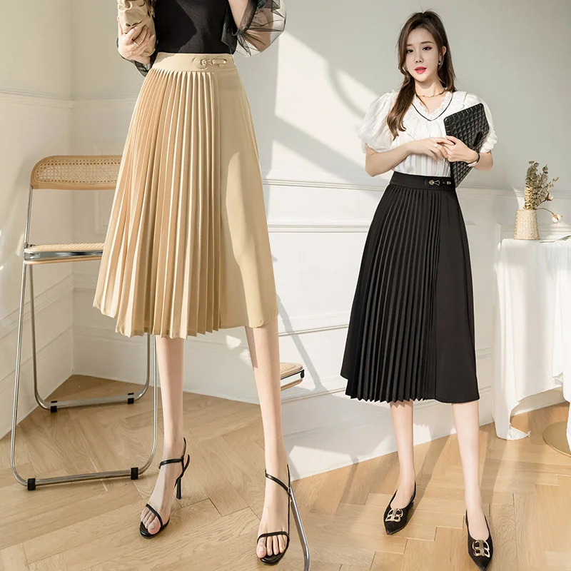 Fashion High Waist Midi Skirts Womans Solid Vintage Harajuku Casual Pleated Skirt Women Black Elegant OL Faldas Femme
