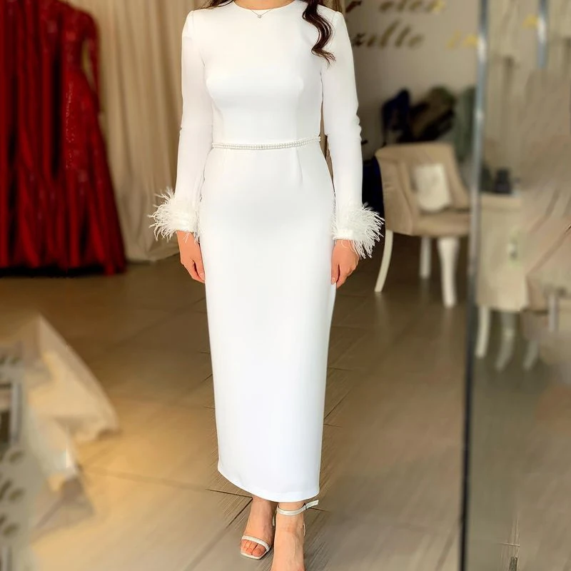 

White Sexy Slim Satin Mermaid Evening Dress 2023 Elegant Beading Feather Long Sleeves Ankle-Length Party Prom Ball Gown