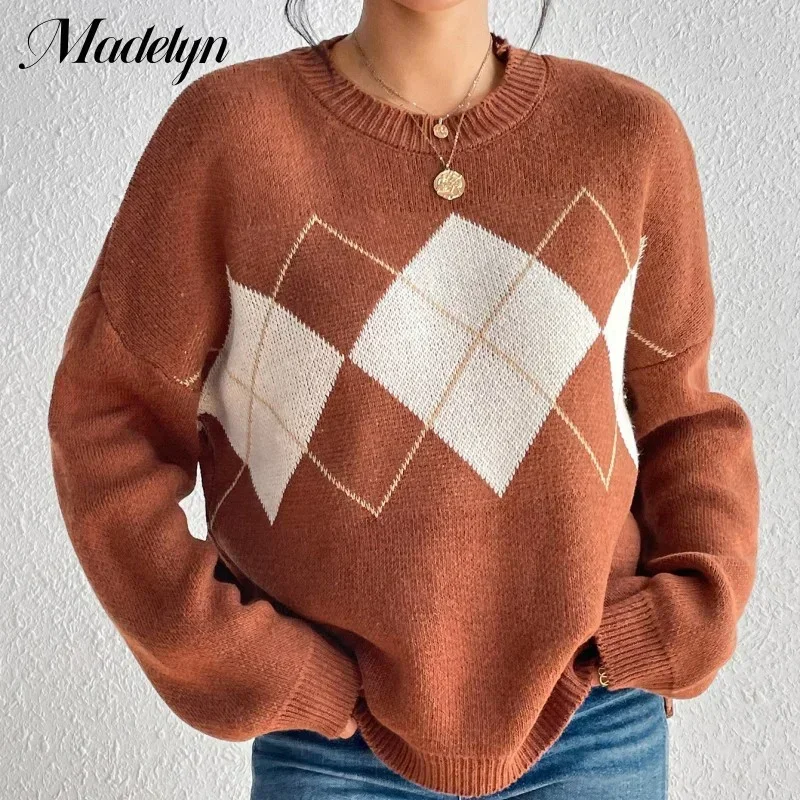 

Colorblock Argyle Pattern Pullovers Female Loose O-Neck Knitted Sweaters Women Fashion Autumn Classic Designs Plaid Jumper Tops