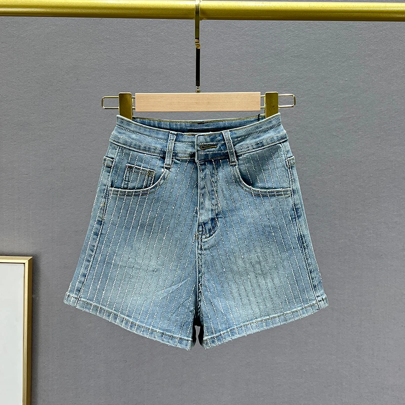 SHUMENG Streetwear Women's Full Diamond White Denim Shorts 2023 Summer Casual Stretch High Waist Short Jeans Hot Pants Female