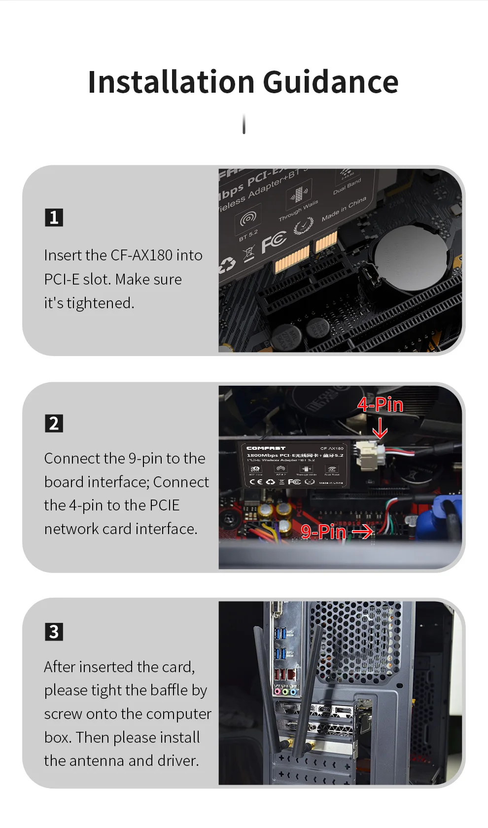 Фото COMFAST WIFI6 PCIE адаптер 1800M BT5.2 игровая сетевая карта PCI-E 2,4G/5G настольный адаптер беспроводной сетевой карты для Win10/11 №5