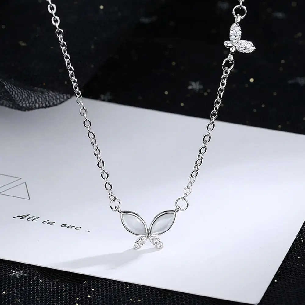 

Fashion Temperament Opal Butterfly Pendant Necklace for Women Sweet Chic 925 Sliver Plated Clavicle Necklace Cute Jewelry Gift