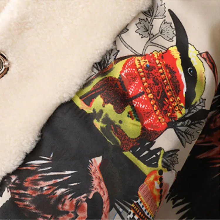 Winter Women's Wool Jacket Long Print Floral Flower Overcoat Spring New High Quality Fashion Thick Warm Fur Sheep Shearing Coat