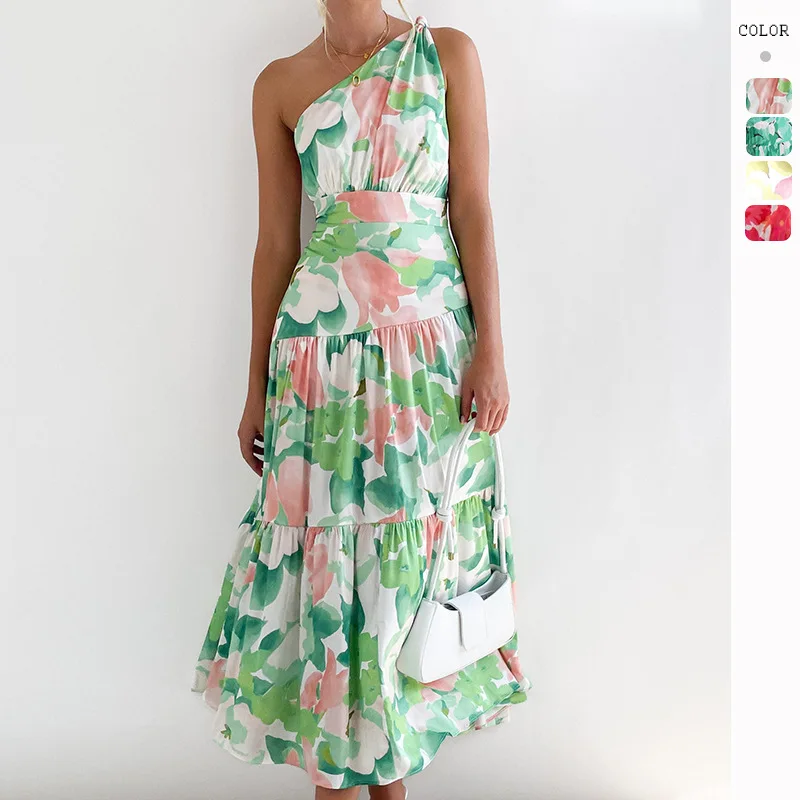 

2023 European and American women's hot selling new mid-length oblique shoulder sleeveless mid-length dress summer female