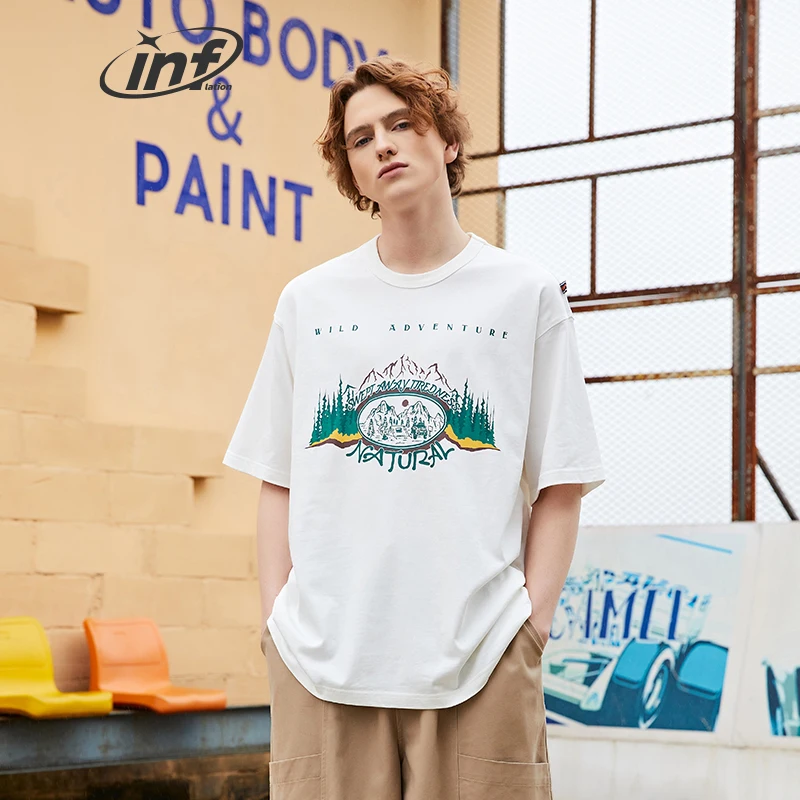 

Бренд INFLATION, хлопковые футболки для мужчин с пейзажным принтом, футболка большого размера, мужская Японская уличная одежда