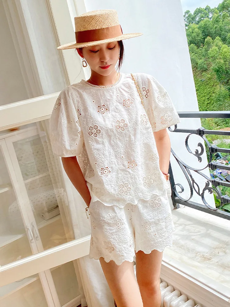 GypsyLady Elegant Floral Embroidery Short Sets Beige Casual Chic Loose Top Short Summer 2 Pices Set Holiday Women Set Outfit