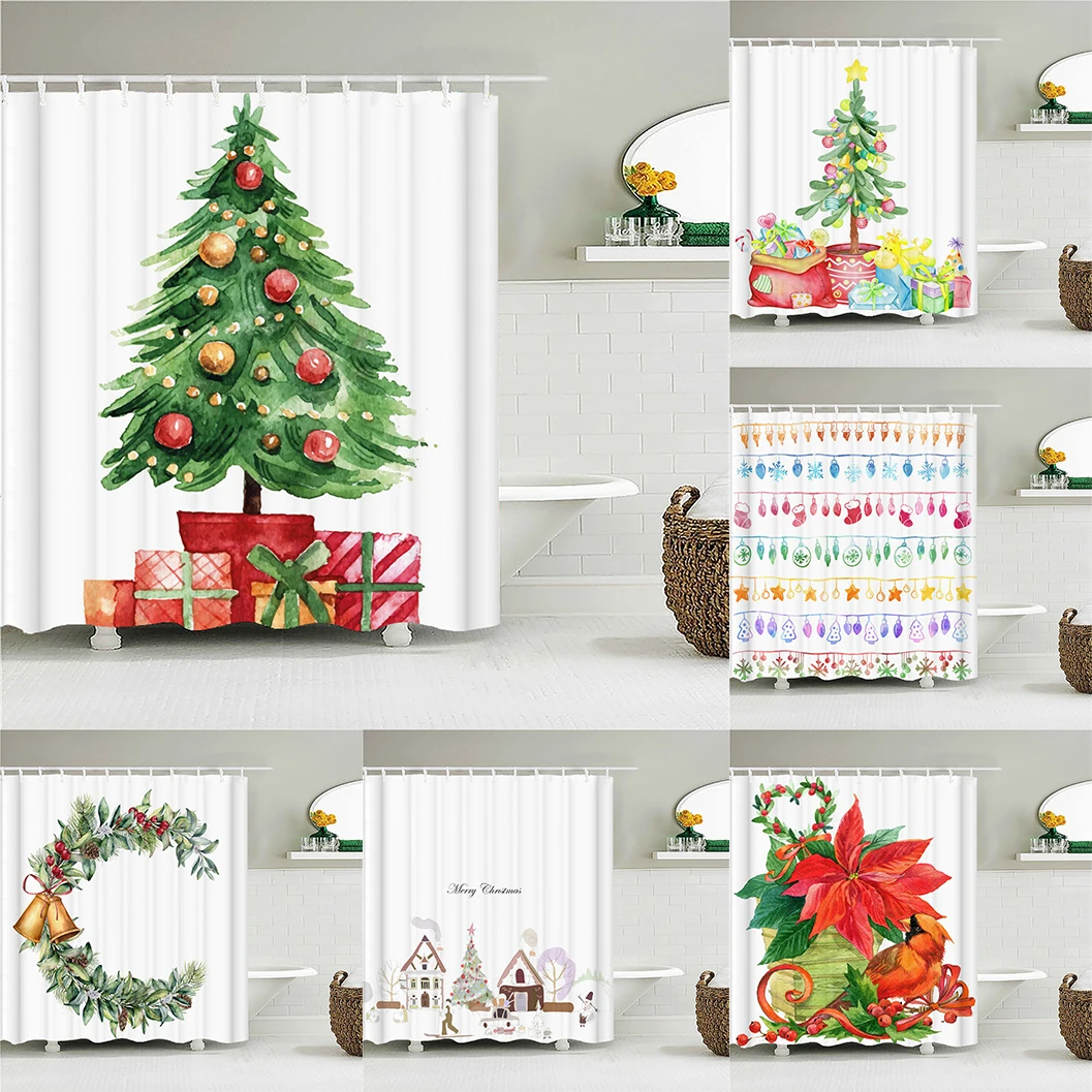 

Home Decor Cartoon Christmas Tree Garland Pattern Shower Curtain Bathroom Decor Merry Christmas Shower Curtain Waterproof
