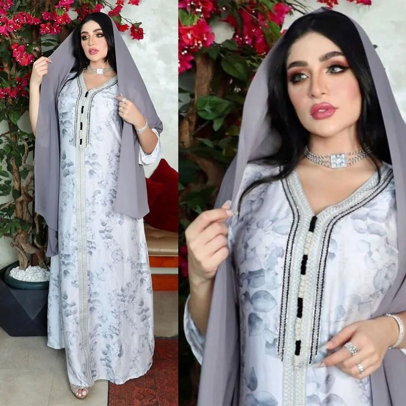 

Muslim Fashion Dress Female Print Arab Abaya Robe Abaya Dubai Moroccan Turkish Clothing Islamic Dress Kaftan Jilbab Khimar 2022