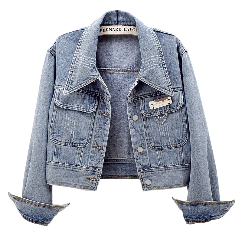 

Spring Autumn Vintage Blue Frayed Big Pocket Denim Jacket Women Casual Slim Short Cowboy Outerwear Cardigan Jeans Jacket Female