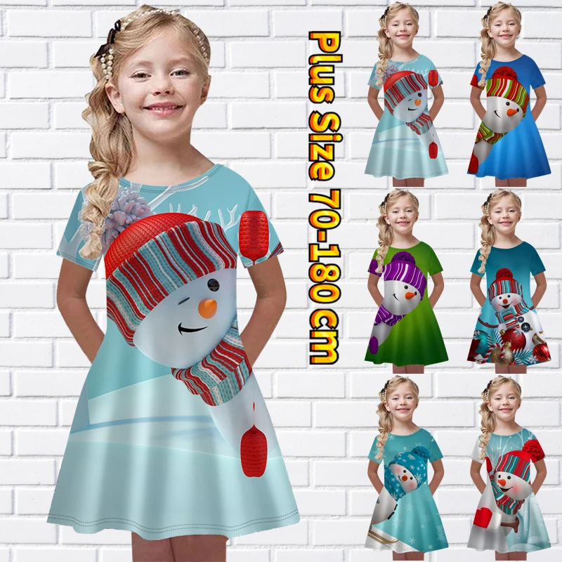 

2022 Girl's Christmas Dress Autumn Winter Round Neck Snowman Printing Short Sleeve Skirt Little Girl's Fashion Casual Midi Skirt